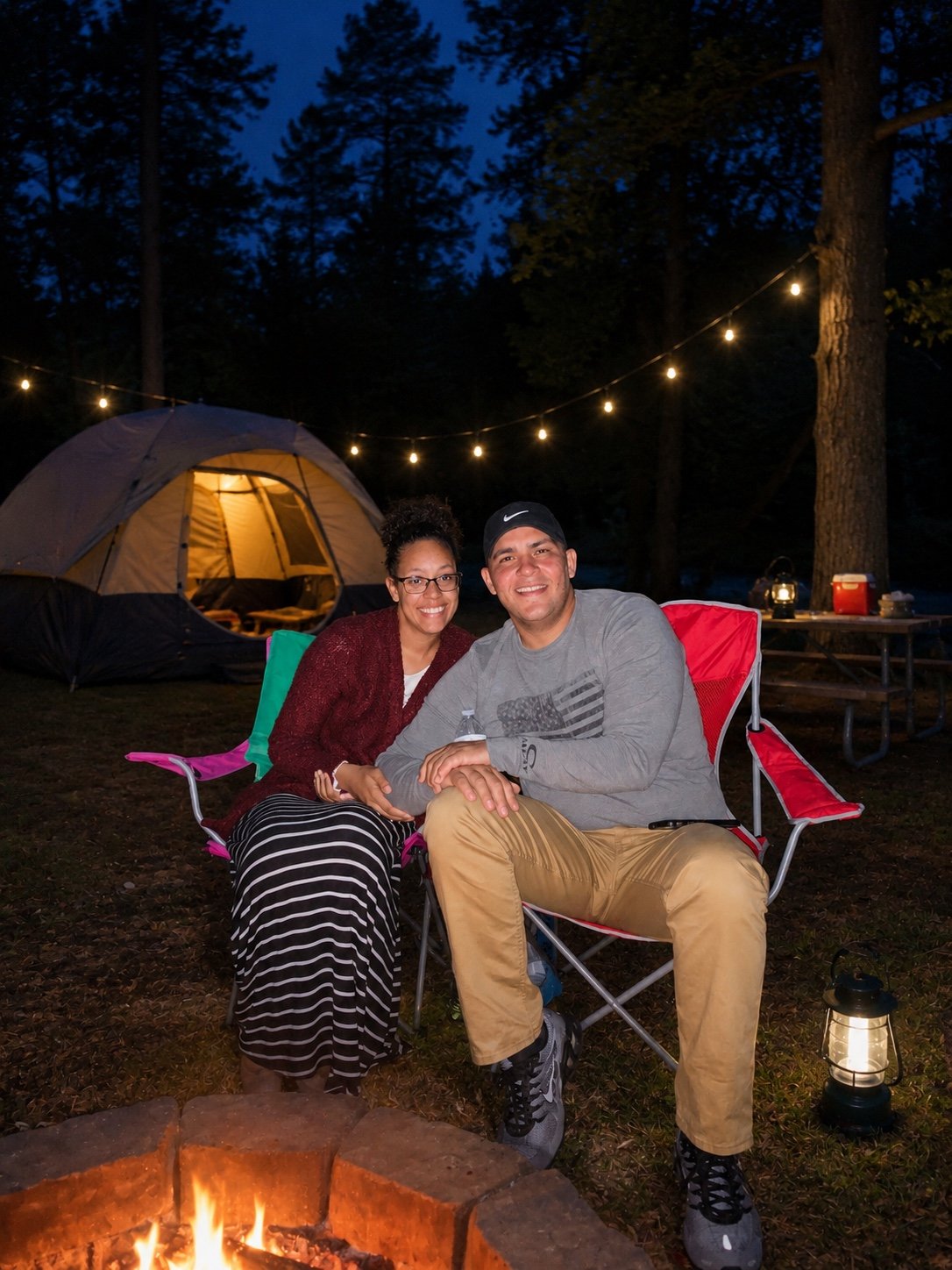 Luis Ortiz with his wife, Heather, seated beside a campfire at their campsite